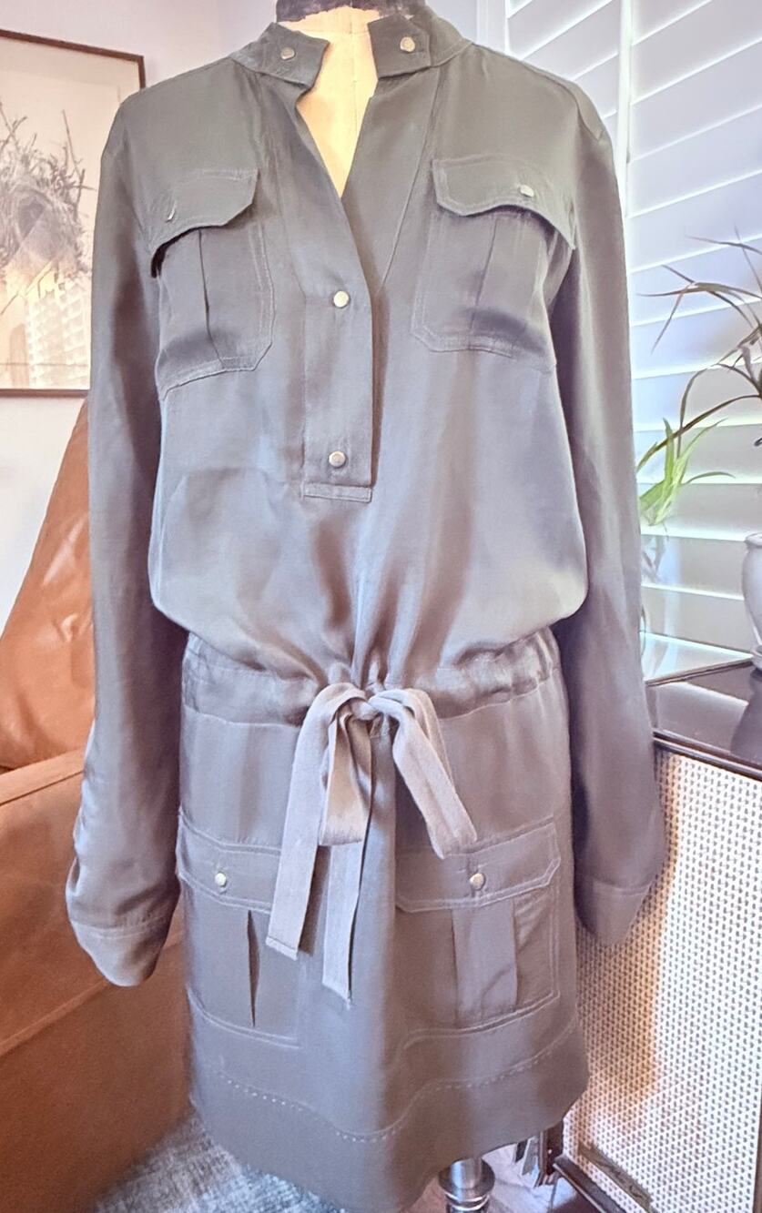 DVF Diane von Furstenberg Olive Cupro Utility Shirt Dress Cargo Pockets Sz 4